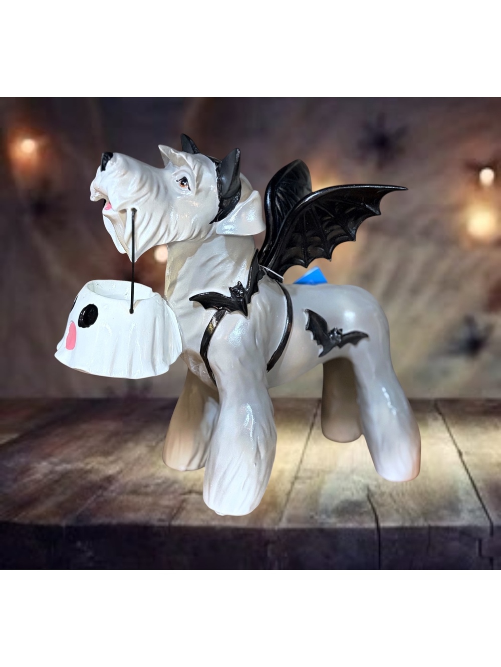 Halloween Bat Wing Schnauzer Dog Figurine with Ghost Candy Holder